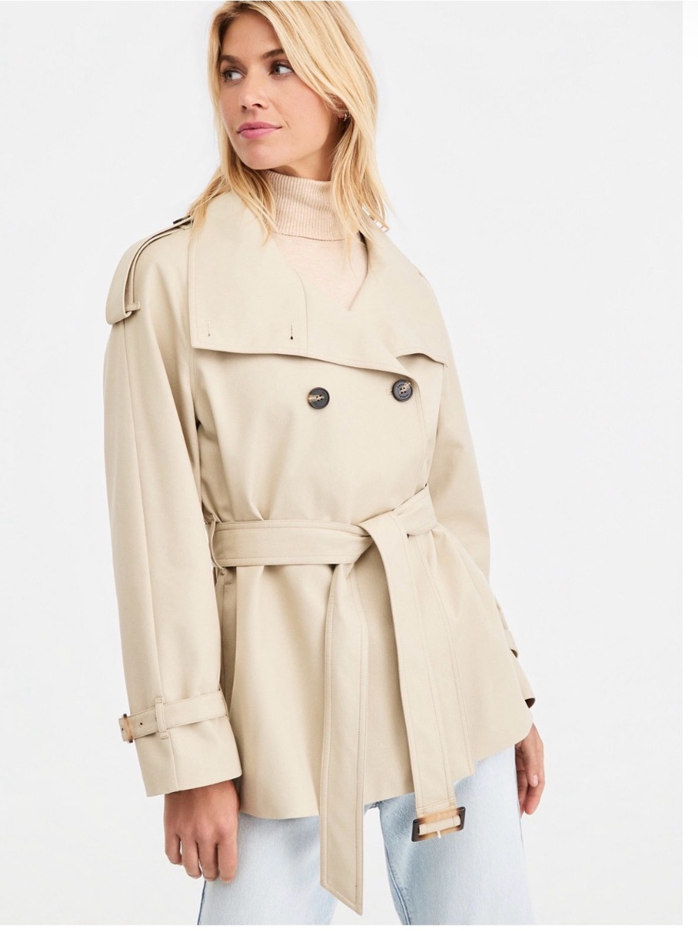 Tahari Light Beige Short Double-Breasted Trench Coat with Belt